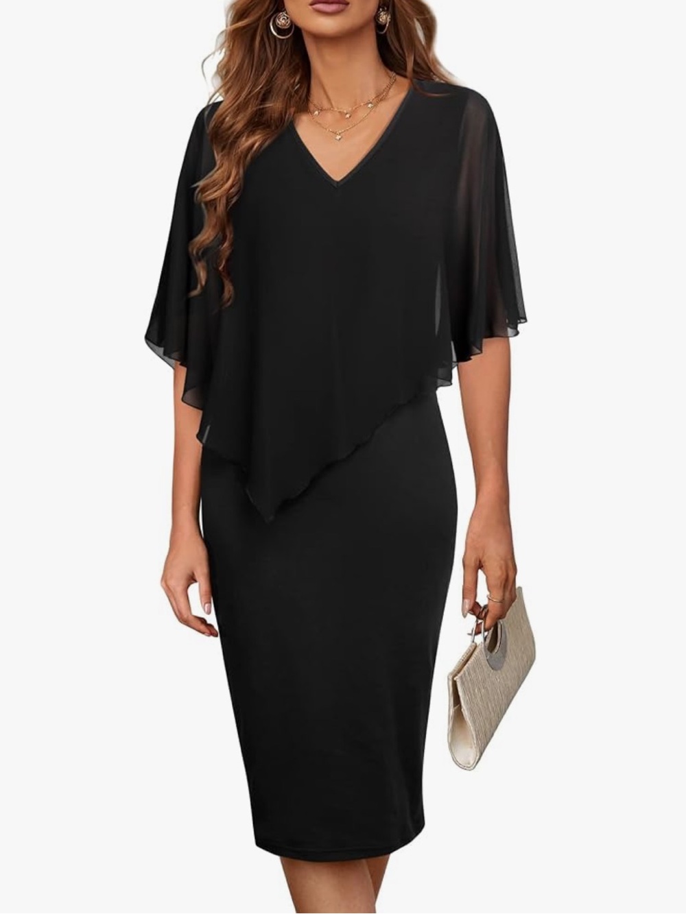 Elegant Black Chiffon Overlay V-Neck Midi Pencil Dress— NWOT
